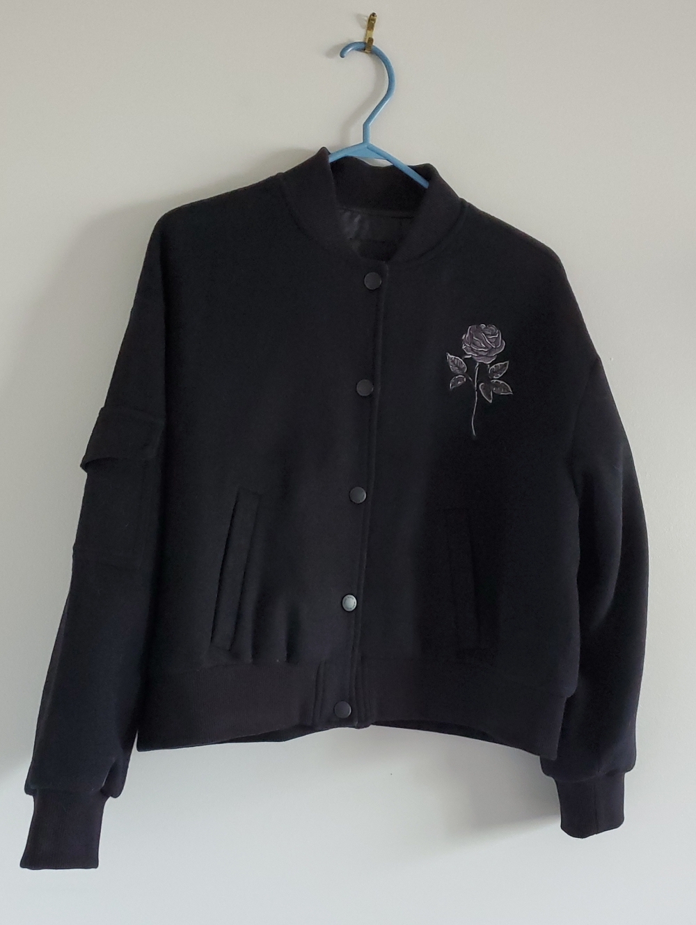 BLVCK Black Varsity Rose Embroidery Wool Blend Bomber Jacket Sz M Baddy Preppy